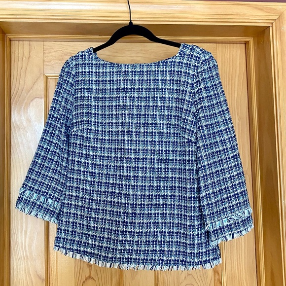 Ann Taylor Blouse Blue Tweed Plaid Fringe Size 4 Long Sleeve Work Top - Picture 2 of 4